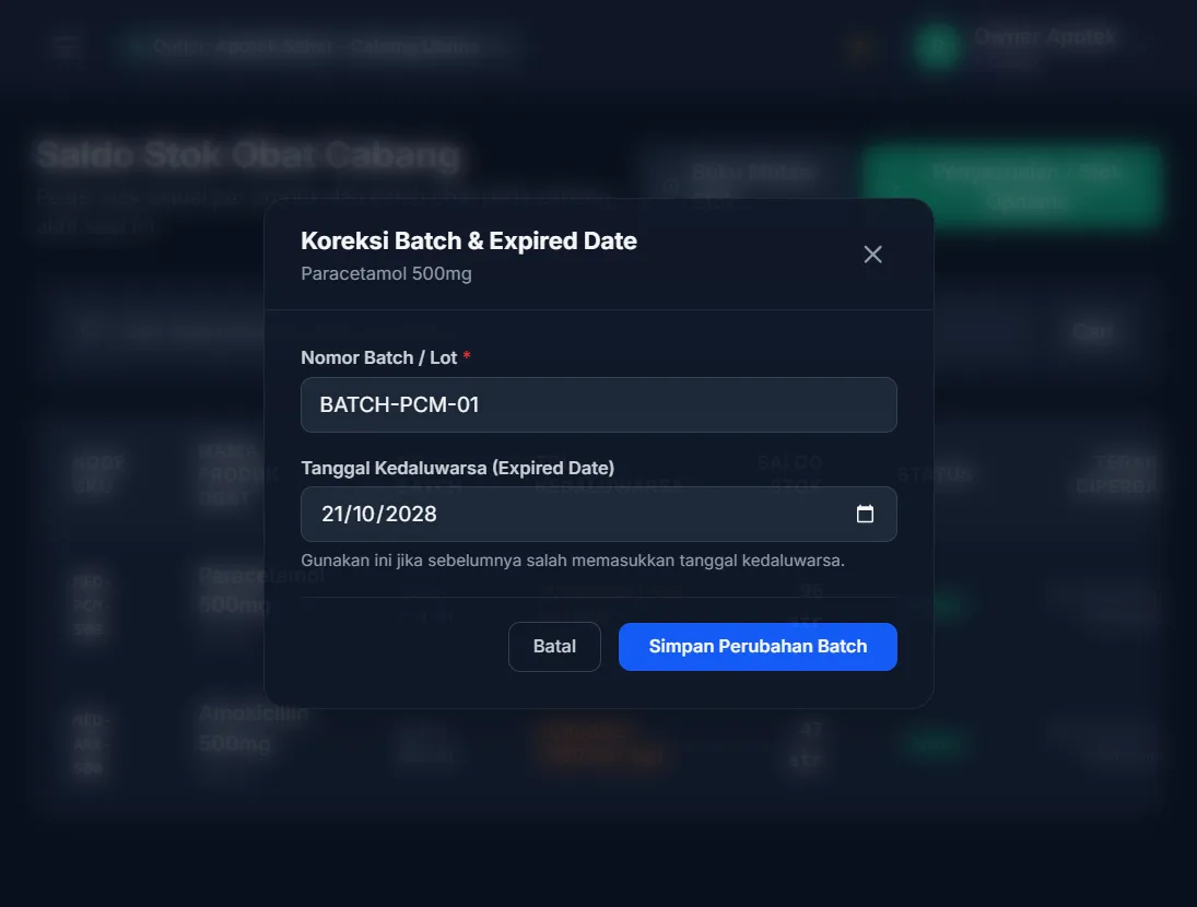 Koreksi batch dan tanggal kedaluwarsa