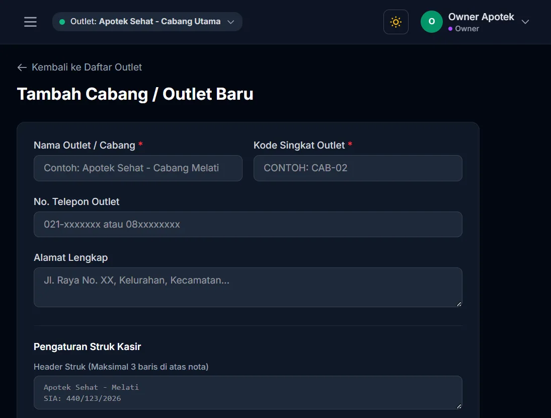 Formulir tambah outlet