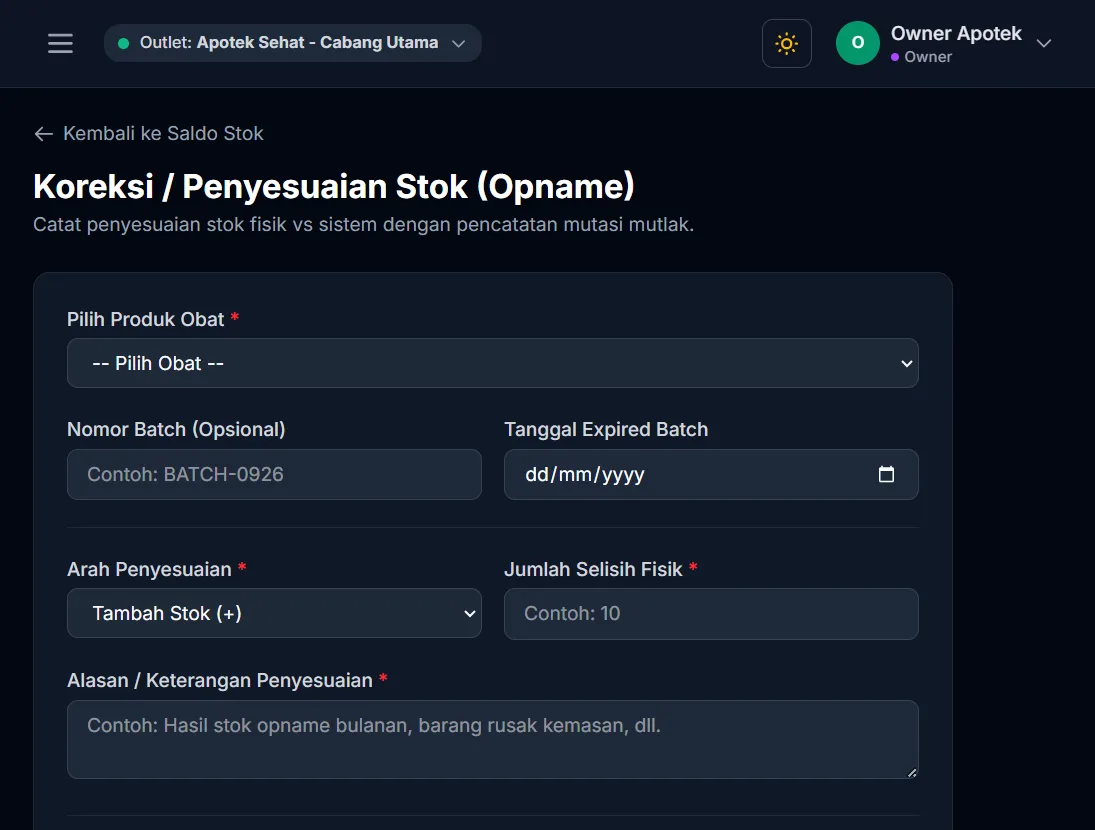 Formulir penyesuaian stok