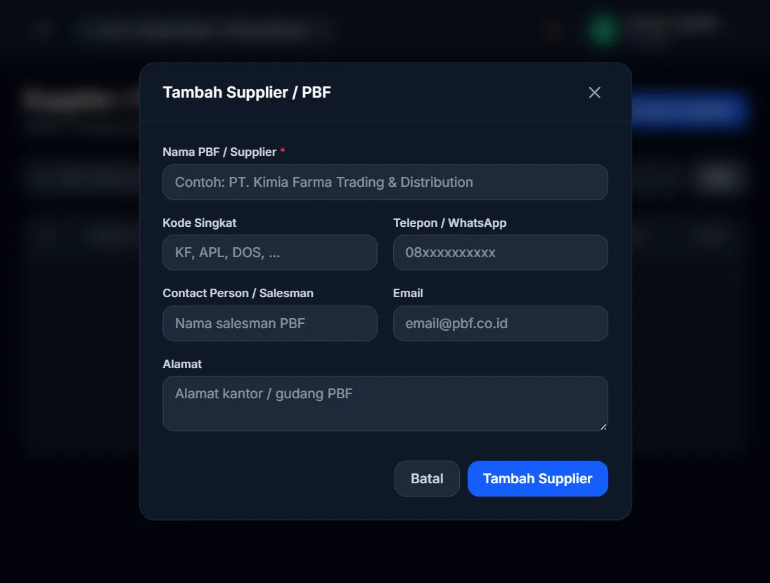 Formulir tambah supplier